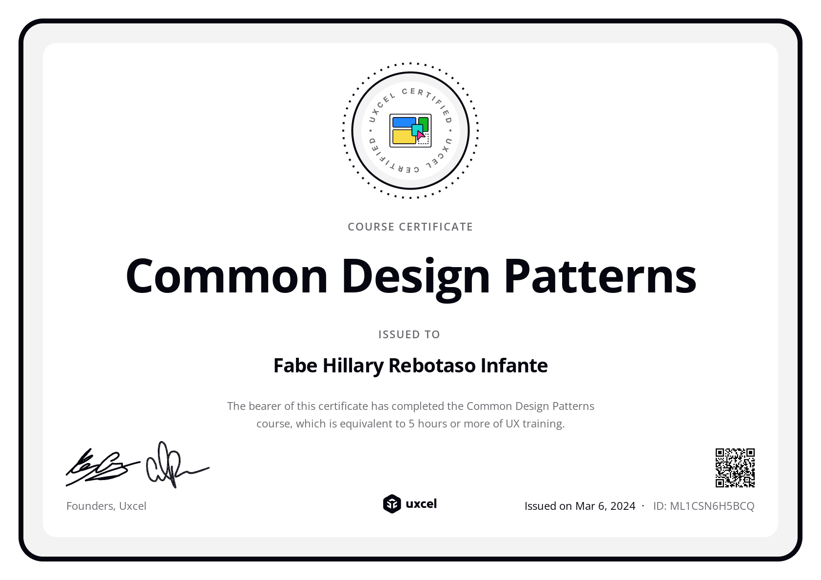 Fabe Hillary Rebotaso Infante's certificate